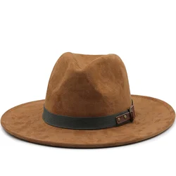 Männer Wildleder Fedora Warme Jazz Hut Chapeau Femme feutre Panaman kappe Fühlte Frauen Fedora Hüte mit Perlen Gürtel Vintage Trilby kappen