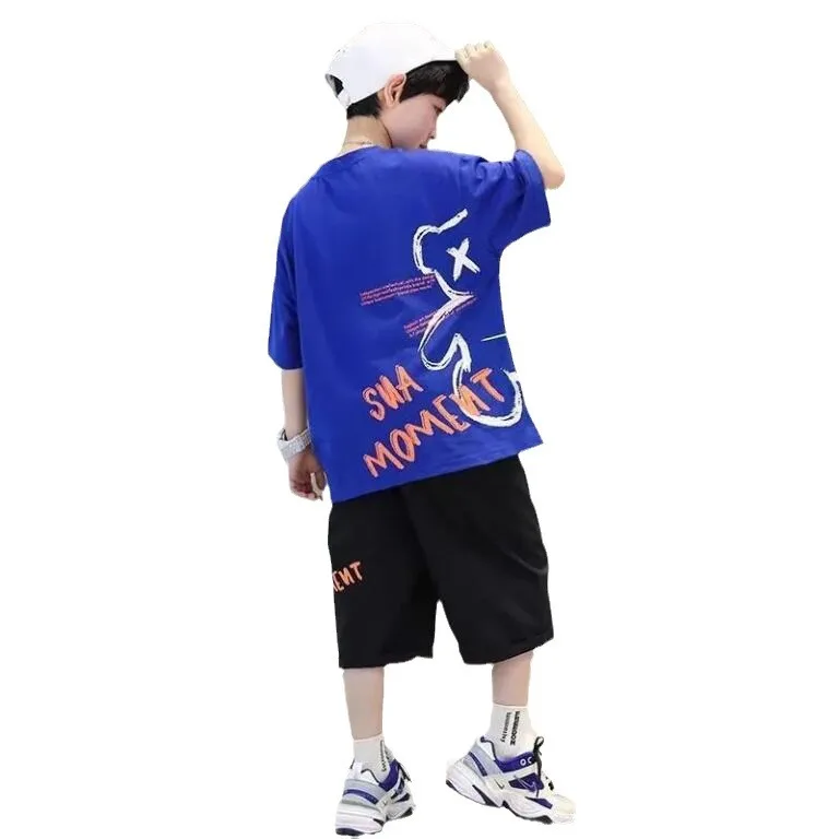 2024 summer Teenager Boys Clothes Casual Outfit Kids Tracksuit Children set bear loose t shirt + shorts hot pant 4 5 6 7 12 Year