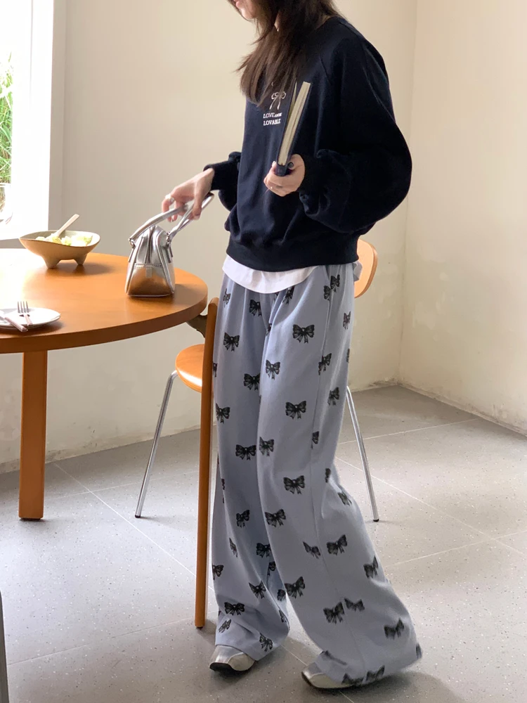 4Colors Korean Trousers Women 2024 Autumn Vintage Casual Butterfly Print Long Trousers Female Wide Leg Pants womens (X3481