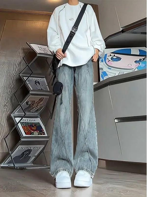

High Street Men's Slim Fit Straight Leg Jeans Black Patchwork Spring Summer Fashionable Retro Style mid Waist Zipper Closure