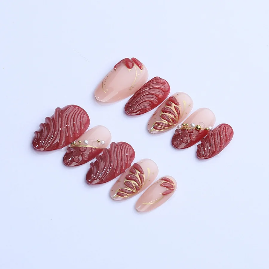 

24PCS Cat Eye Butterfly Press on Nails Luxury Elegant Burgundy with Gilt Design False Nails 3D Glossy Floral Removable Manicure