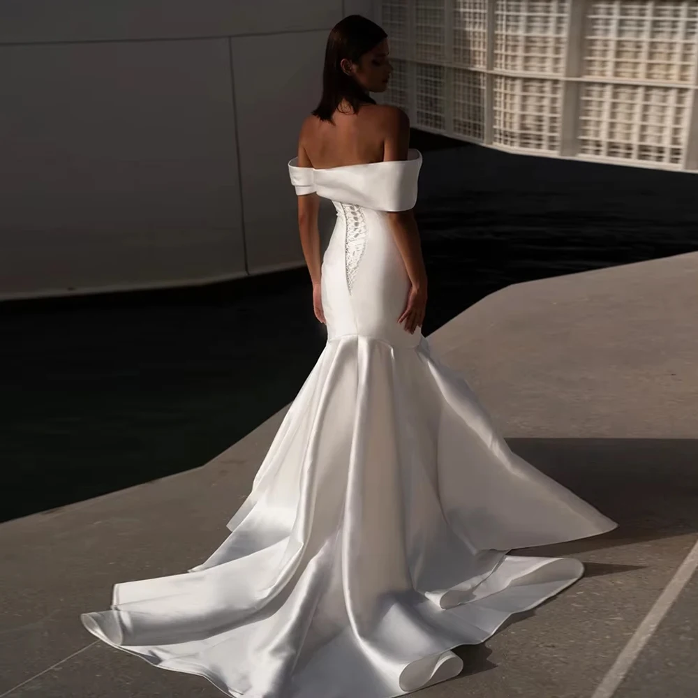 Aangepaste prachtige boothals trouwjurken voor vrouwen bruid SOff de schouder sweep trein zeemeermin nieuwe vestido bruidsjurk