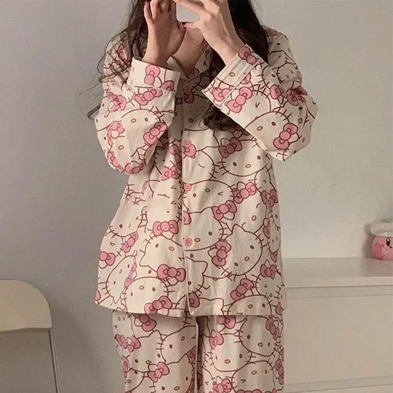 

Anime Sanrio Long Short Pajamas Hello Kitty Kawaii Cartoon Loose Sleepwear Sets Spring And Summer Necessities Girl Birthday Gift