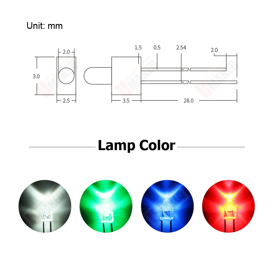 1000 Stück 2 mm runde LED-Lampen-Dioden-Chip, klare/farbige Len-Lichtperlen, F2 LED-Emissionsdioden R/G/Y-Beleuchtung DIY-Lampe