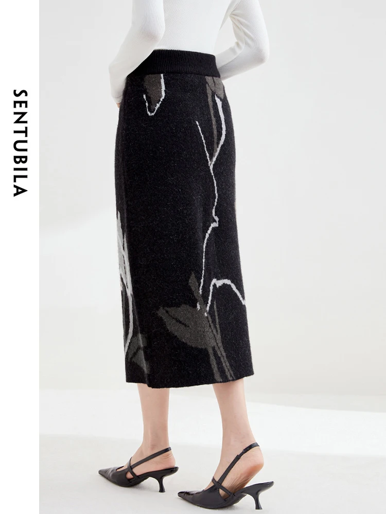 SENTUBILA Spring Fashion Abstract Jacquard Black Skirt Elastic Waist Straight Elegant Midi Skirts for office Ladies  W33Q52321