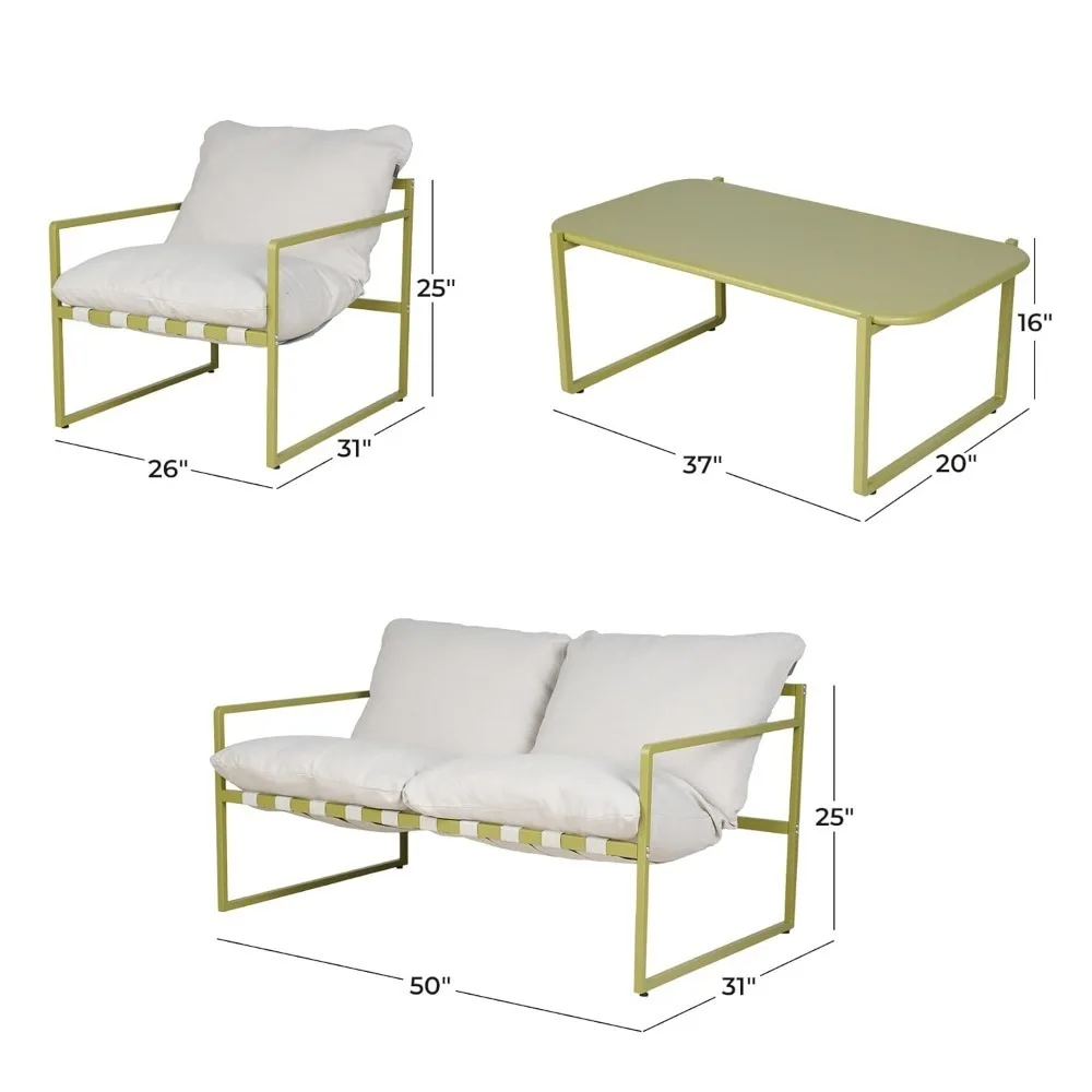 4-Piece Outdoor Furniture Set, Modern Patio Furniture with Soft Cushions, Small Metal Sofa Couch with Coffee Table,, Custom