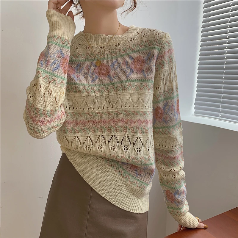 Vintage Print Women Clothes Sweater Hollow Out Long Sleeve Knitted Top 2023 Autumn Sweaters Jumpers Pullover Stripe Jersey Mujer