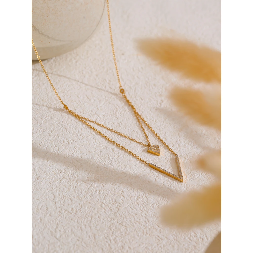 Yhpup Korean Style Shiny Cubic Zirconia Heart V-Shape Double-Layer Chain Necklace Pendant Stainless Steel Delicate Jewelry