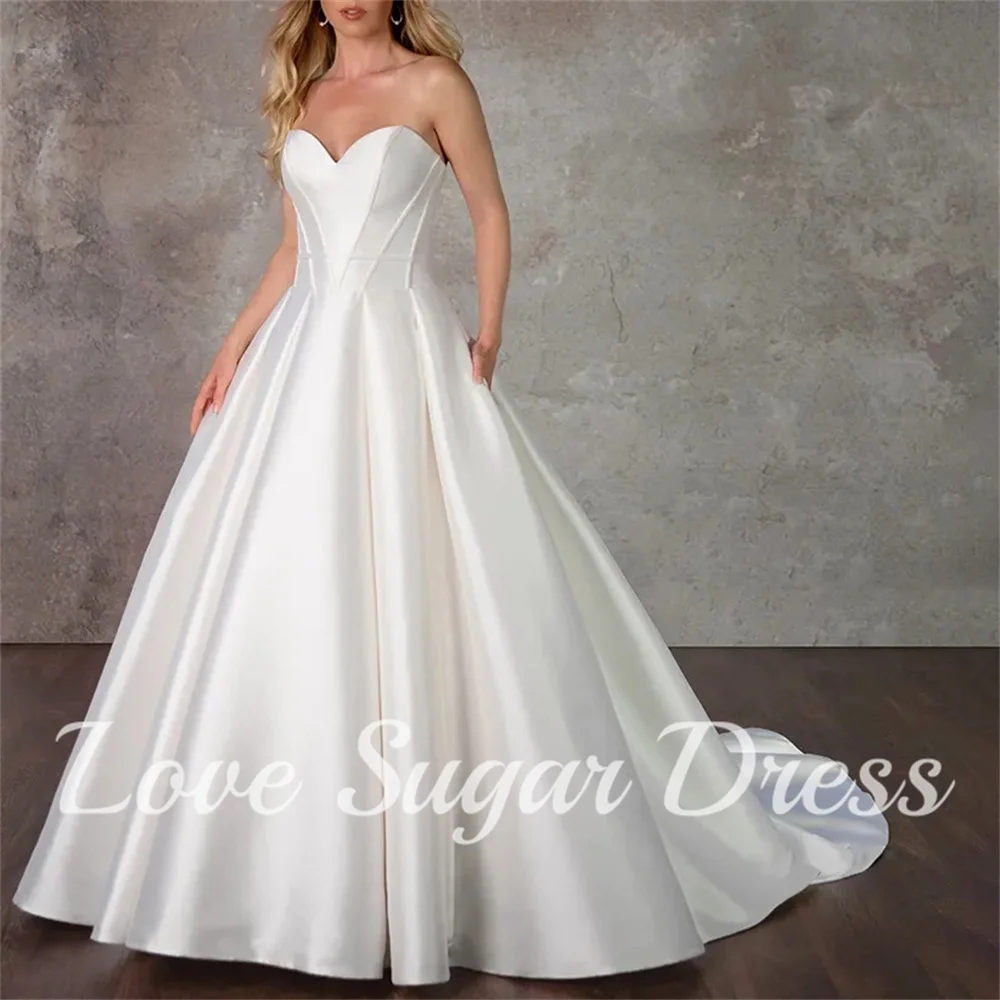 Elegant A Line Wedding Dresses With Pockets Sweetheart Satin Bridal Gowns Long Train Back Button Bride Dress vestidos para mujer