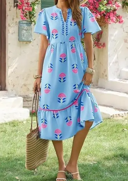 

Summer New Fresh Sweet Elegant Casual Style Color Blocked Flower Print V-Neck High Waisted Loose A-Line Short Sleeved Dress
