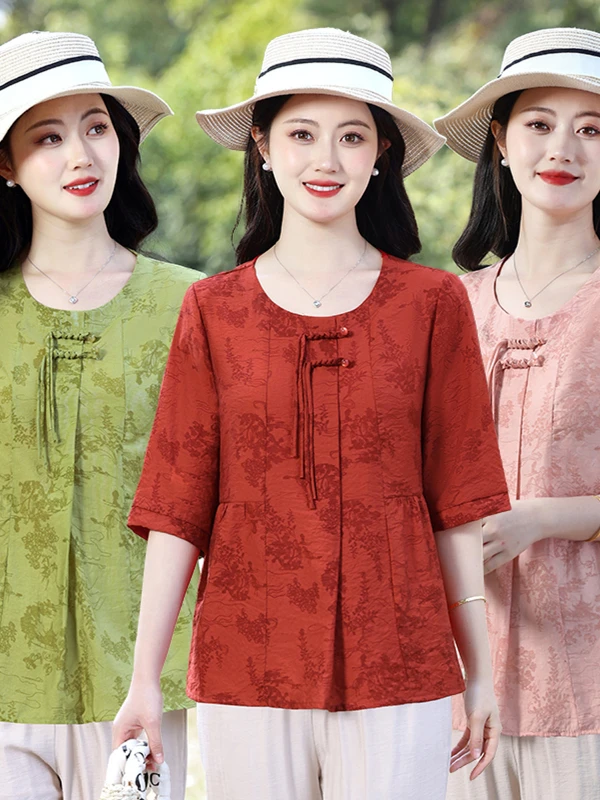 

Summer Thin Chiffon ort Sve Women's Set Faionable Mom's Clothing Cotton Polyester Blend round Ne T-irt Skirt
