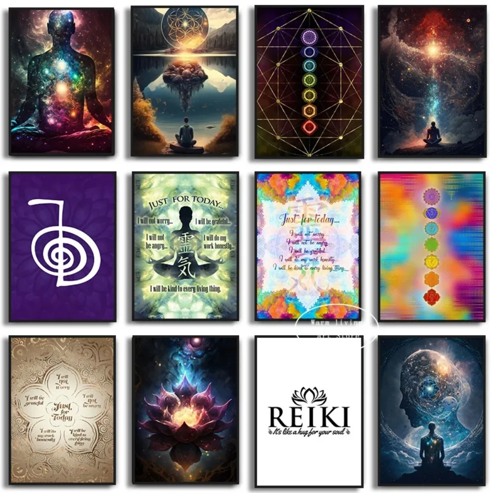 Reiki Principles Symbols Lotus Wall Art Posters Cho Ku Rei Print Spiritual Chakra Inspirational Canvas Painting Yoga Home Decor