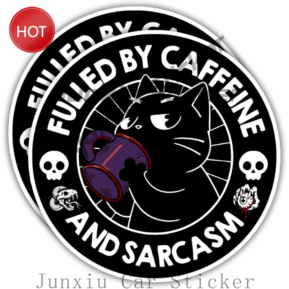 2 Pack Fueled By Caffeine And Sarcasm Black Cat PVC Sticker For Car Body And Laptop Humorous Graphic Decoration Decal