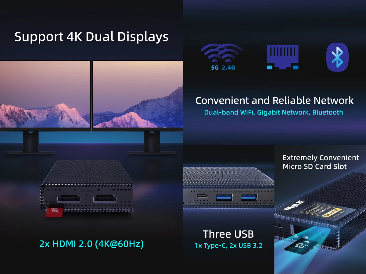 MeLE PCG02 Pro Fanless Stick PC N100 8GB 256GB , Reddot Winner Mini Computer Dual HDMI, WiFi5 Gigabit Ethernet, USB Type-C PD3.0