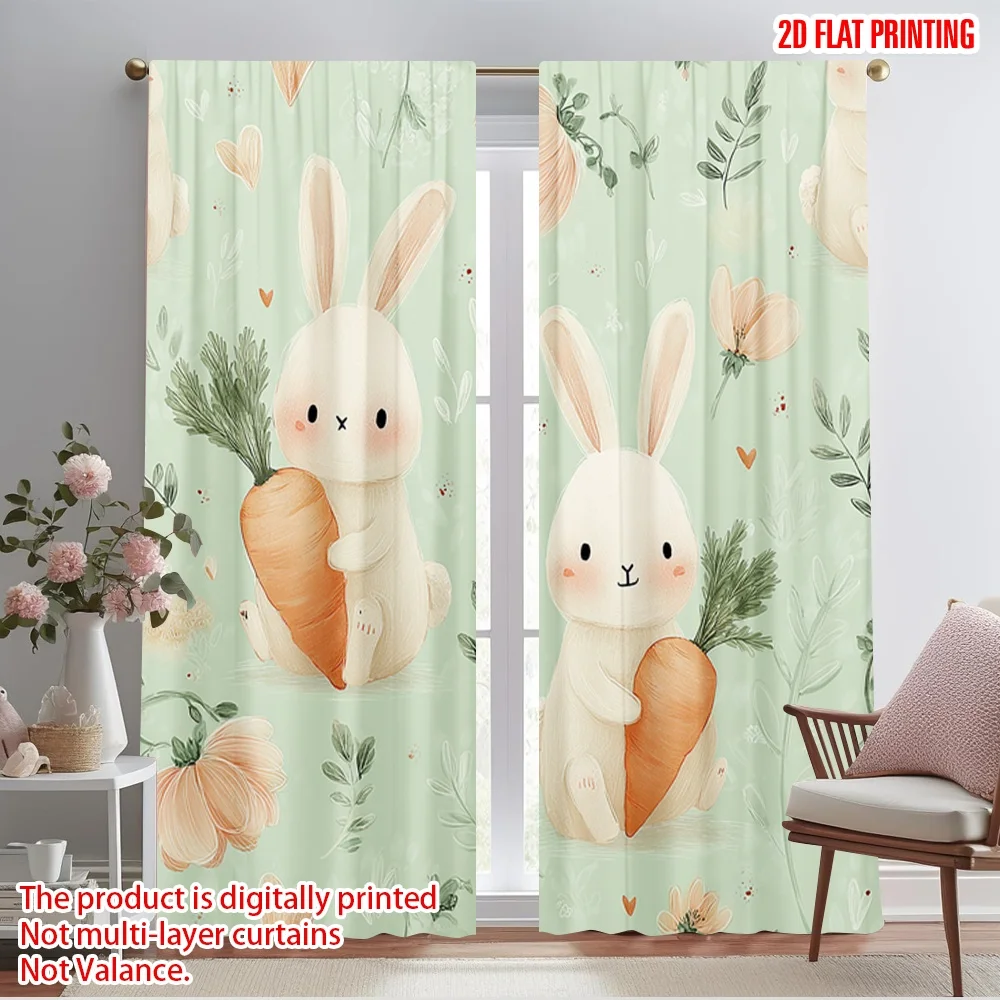 

2pcs 2D flat printing Window Curtains Cute Easter Bunnies and Carrots Polyester Without Electricity Party Decorations Use for