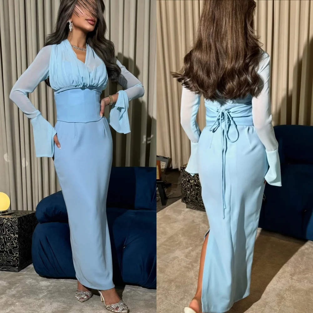 

Customized Chinese Style Matching Jersey Ruched Criss-Cross Sash Straight V-neck Long Dresses Bespoke Occasion Dresses Intricate