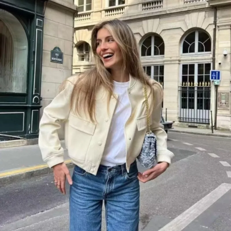 

UOSU 2025 Woman Bomber Jacket White Autumn Winter Button Cropped Jackets for Women Fashion Long Sleeve Women Coats Outerwears