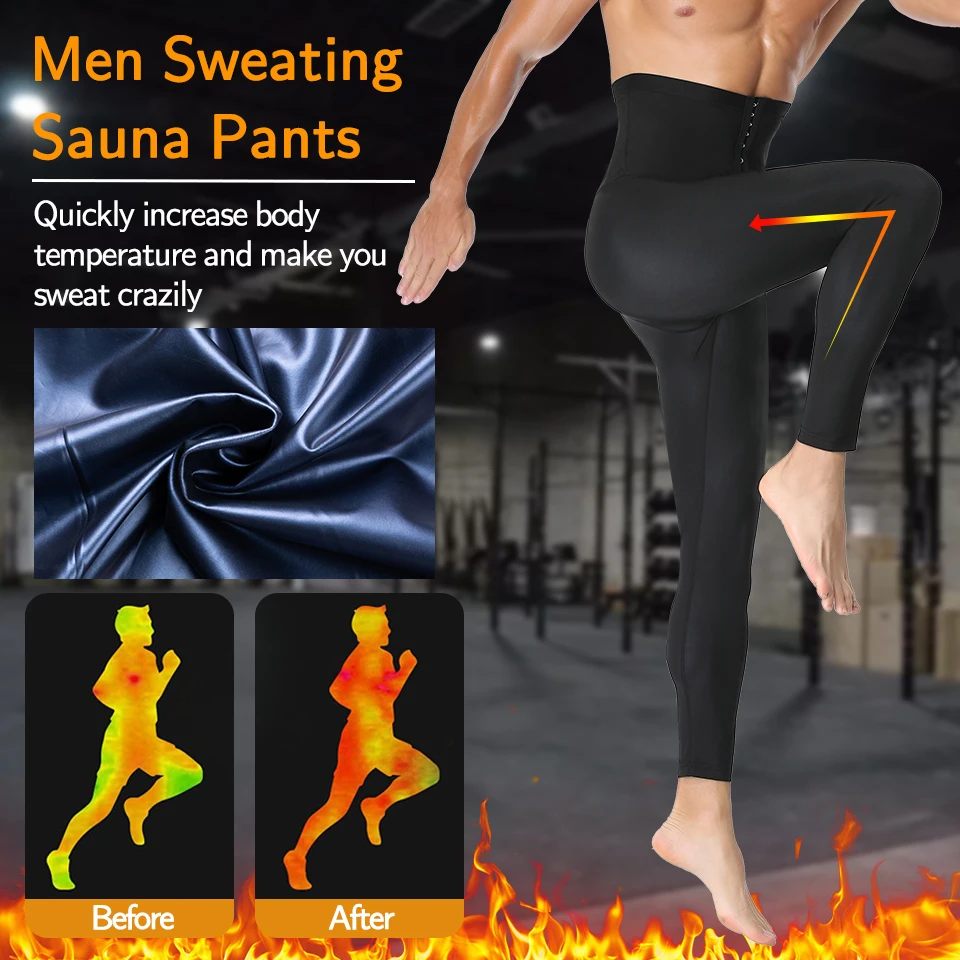 Men Neoprene Sauna Sweat Pants High Waist Hooks Slimming Body Shaper for Weight Loss Thermo Leggings Workout Pants