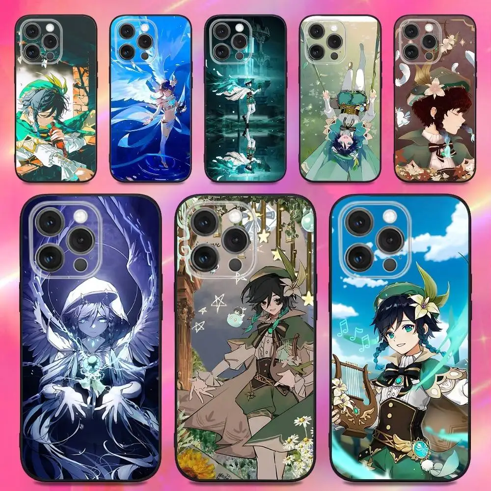 

Venti Genshin Phone Case For iPhone 16,15,14,13,12,11,Pro,Max,Plus,X,XS,XR,SE,8,7,Mini,Soft Silicone Black Case
