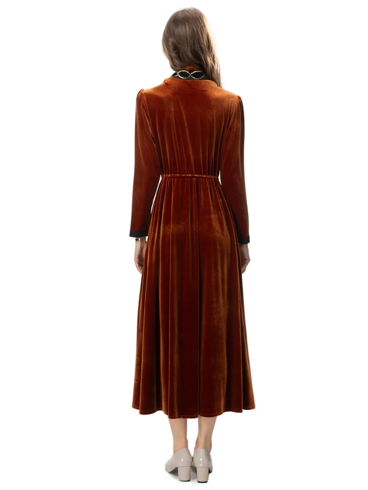 SEQINYY Brown Midi Dress Spring Autumn New Fashion Design Women Runway Beading V-Neck Velvet Split Elegant Party Shirring