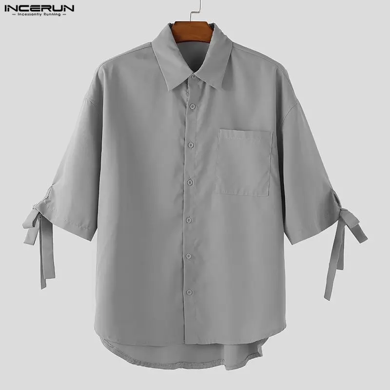

INCERUN Мужская рубашка с однотонными лацканами и половиной рукава на шнуровке Мужская одежда Уличная одежда Свободные модные повседневные мужские рубашки Топы в корейском стиле