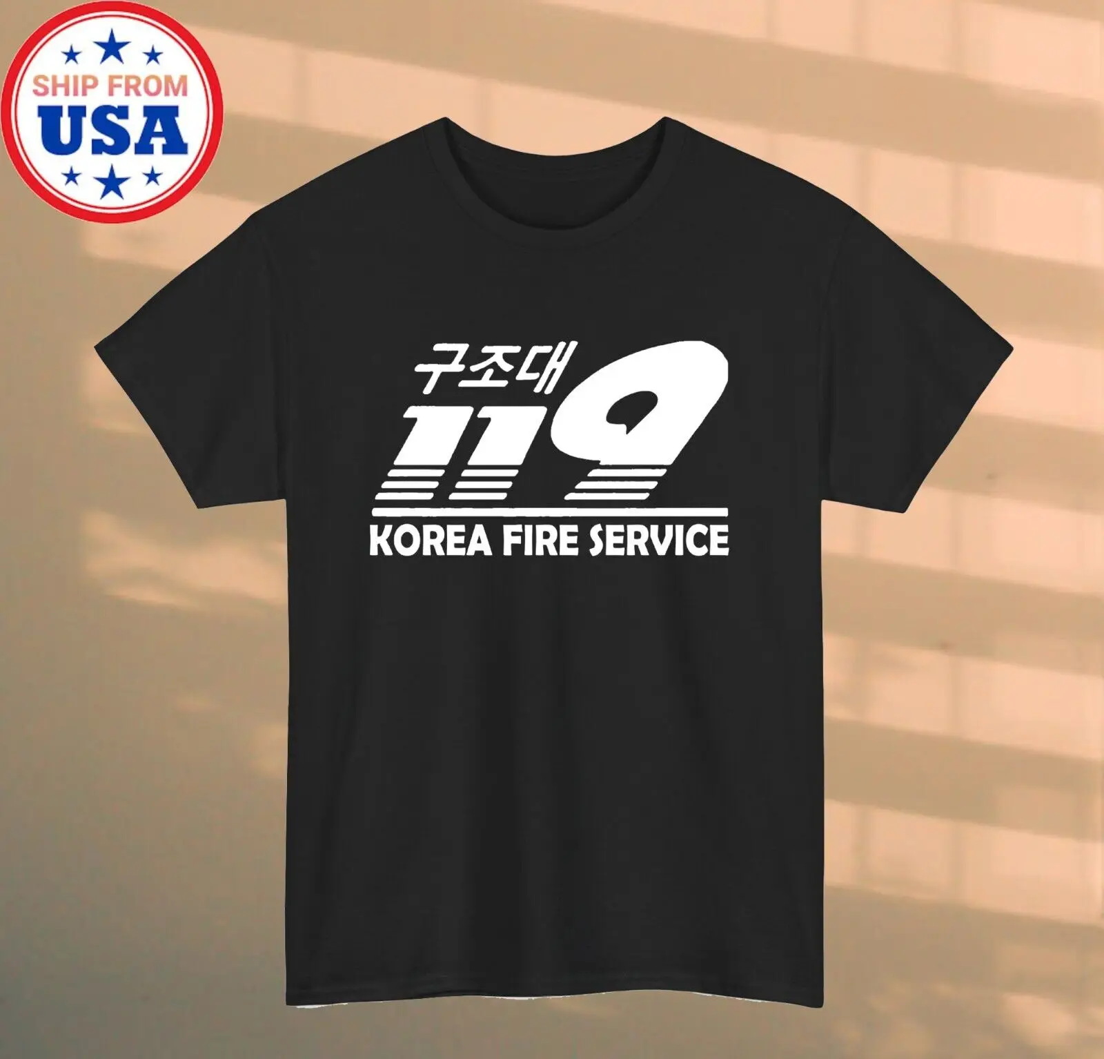 Korean Fire Service Firefighter Fireman 119 Men's Black T-shirt Size S-5XL