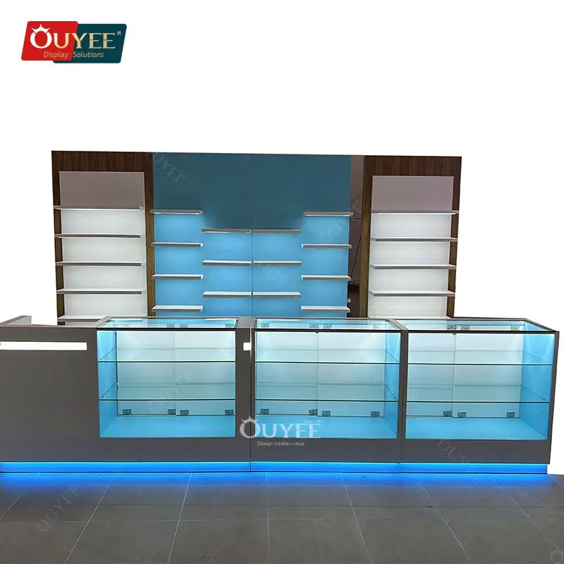 Customized-Modern Smoke Shop Dispensary Glass Display Cabinet Modern Showcase Glass Cigar Display Counter