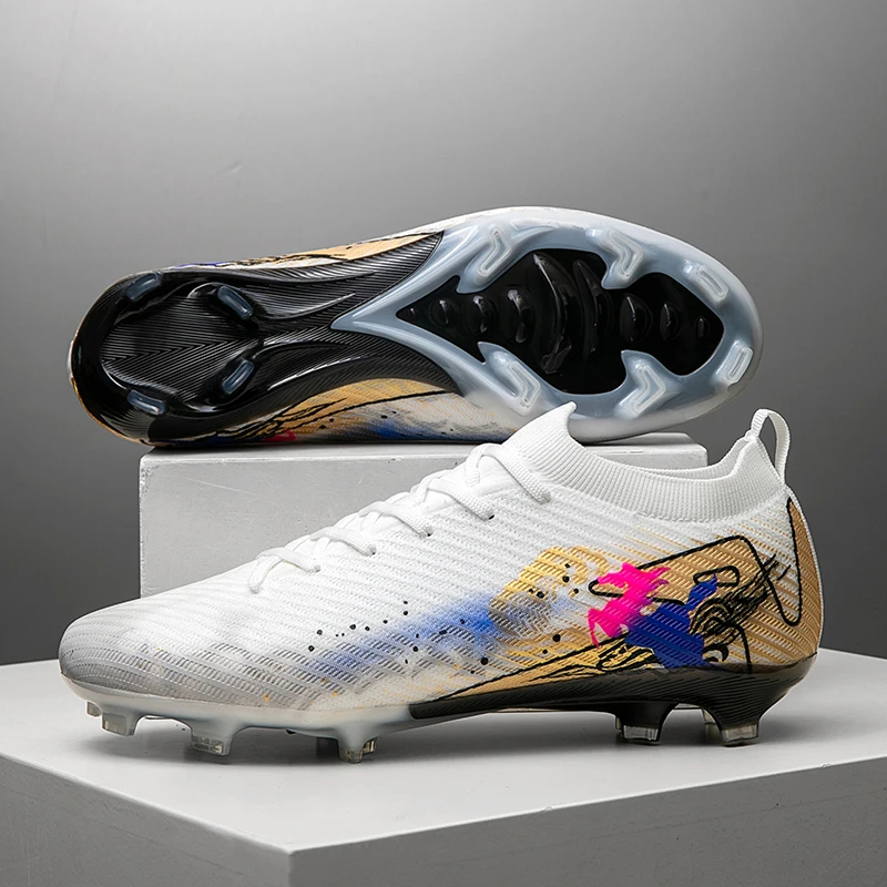 

Men Ankle Protect Football Soccer Shoes Shock Absorbing Cushion Sole Breathable Lace Up Cleats Outdoor Grass Turf Daily Match