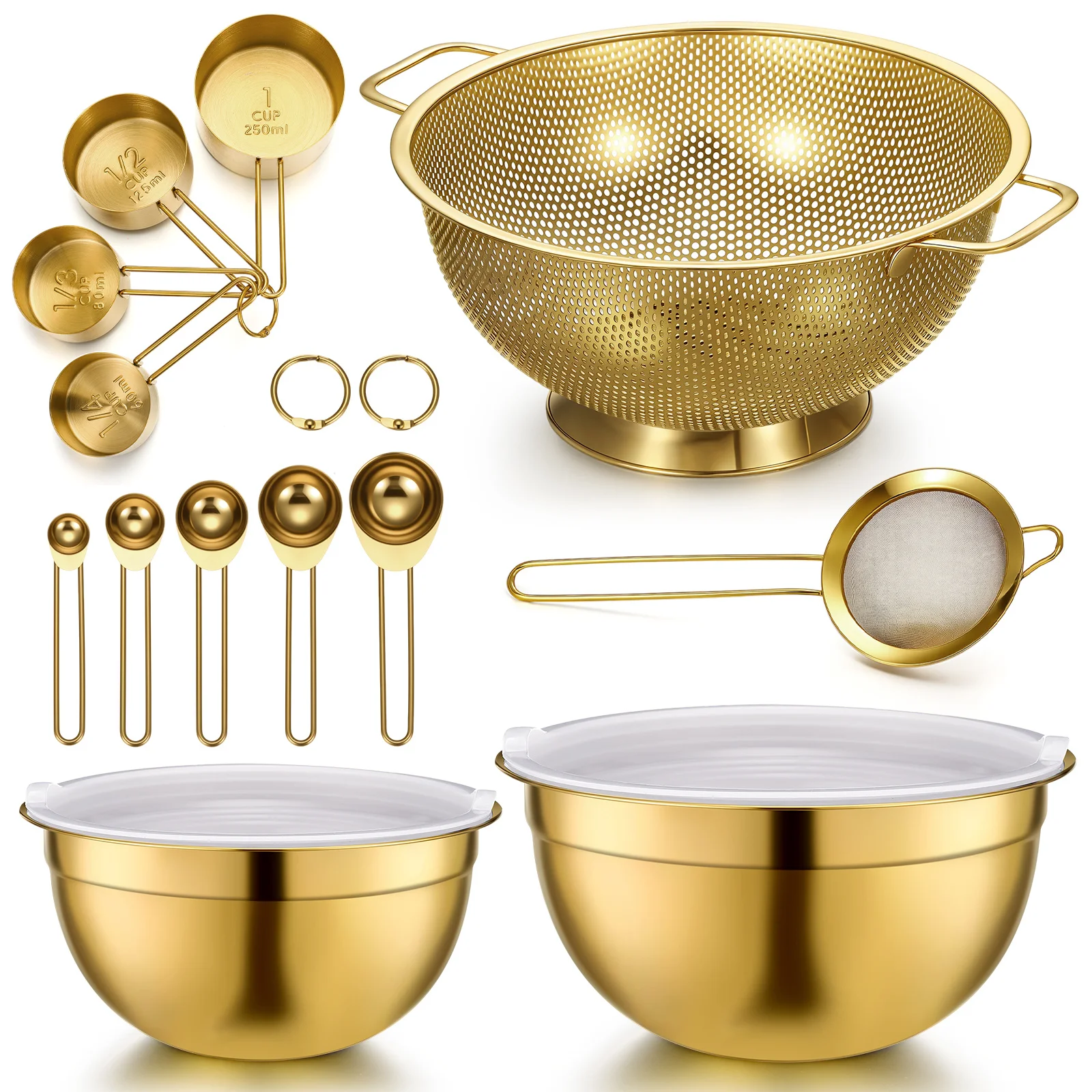 

The Golden Kitchen Additions Collection Features a 4-Quart Colander, 3-Quart And 5-Quart Mixing Bowls with Airtight Lids