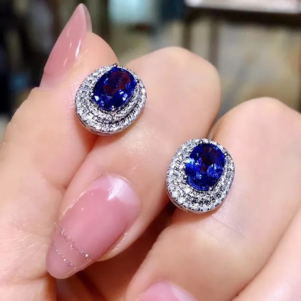 Temperament Vintage Blue Earrings for Women Luxury Cubic Zirconia Ear Piercing Stud Earrings Wedding Party New Jewelry