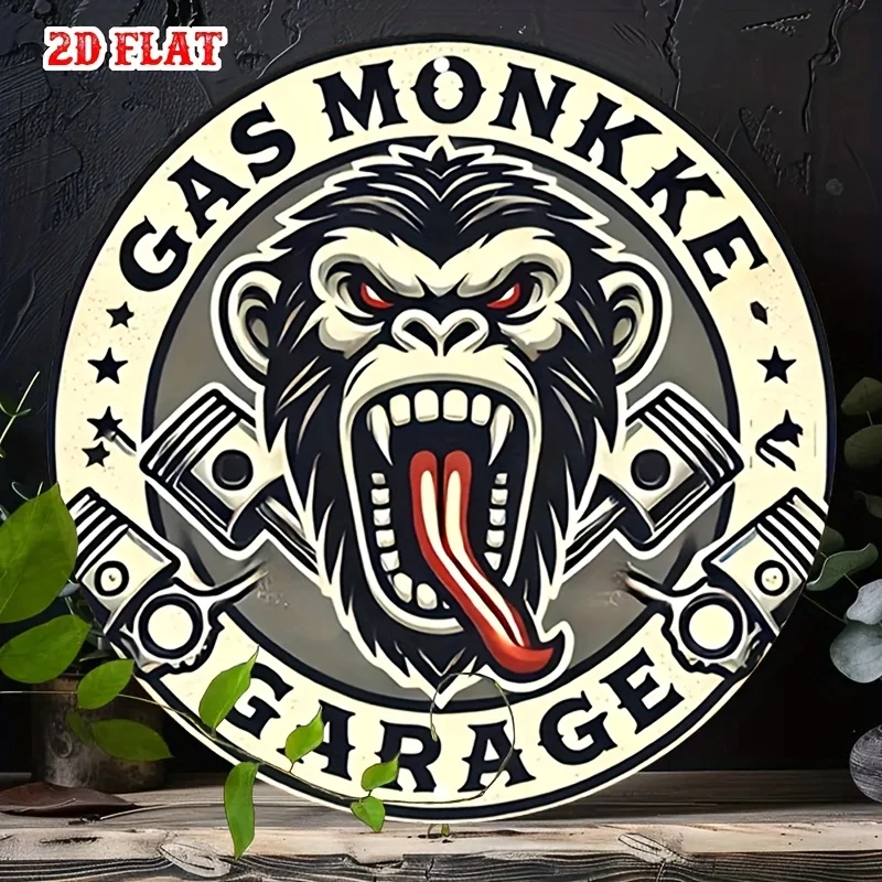 Letrero Metálico Redondo Vintage de la Marca Gas Monkey Garage con Diseño de Mono Agresivo y Pistones - Decoración de Pared con Temática Automotriz y de Motociclistas para Garaje