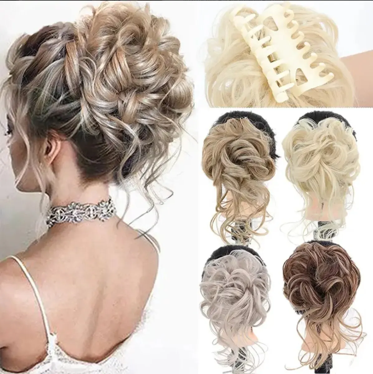 Moño de pelo ondulado rizado desordenado, Clip de garra en Tousled Updo, extensiones de cabello rizado, moño de pelo sintético, Scrunchie, pieza de cabello