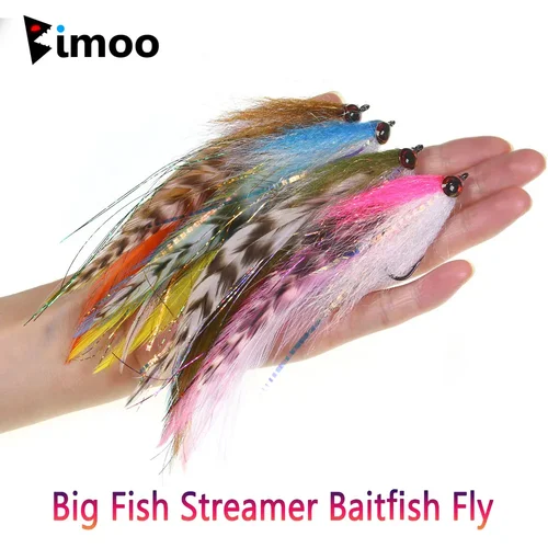 Bimoo # 2/0 15cm/5,91 pulgadas Big Streamer Baitfish Fly Flash Grizzly sillín Hackle cebo trucha Lucio almizclado lubina señuelo de pesca de agua salada