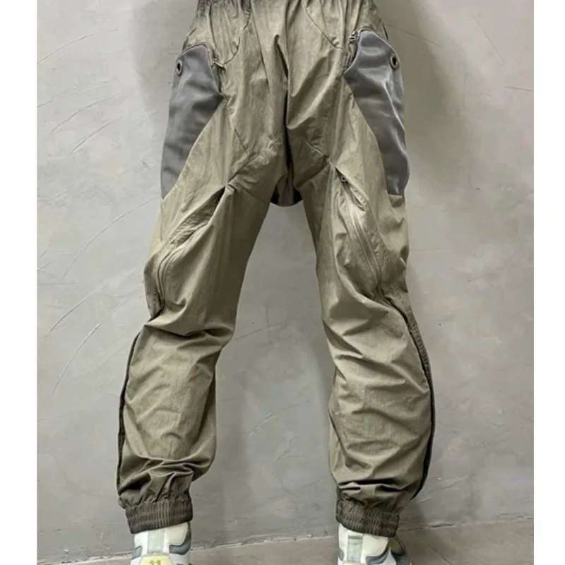 

High Quality Retro Wasteland Style Wear Distressed Zipper Overalls Washed Stitching Loose Casual Pants Personality Harem Pants