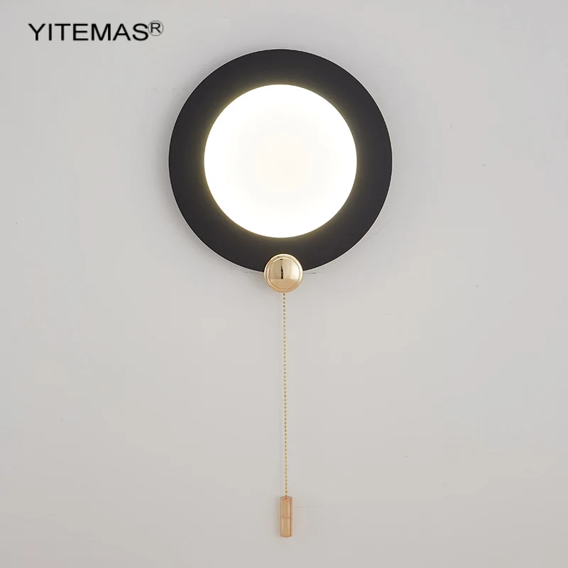 

Unique Round Wall Lamp With Pull Switch Green/Orange/Black Color In Bedroom Bedside 3 Color Temperature Gold Led Wall Light 8W