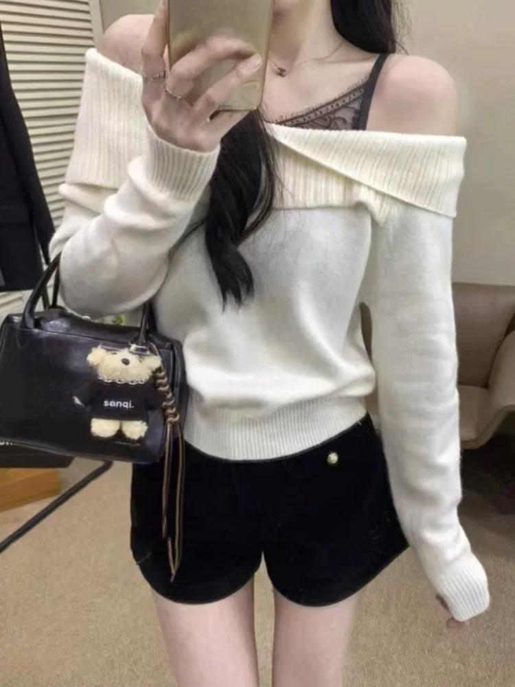 مثير الدانتيل oulder واحد بكتف واحد محبوك سترة المرأة Faionable الخريف أعلى تصميم الإحساس فريد ulari ملابس علوية #2