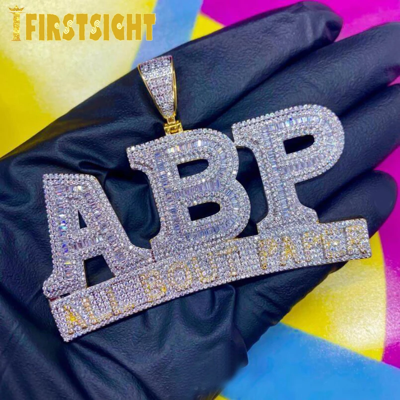 New Iced Out Bling Letter ABP Pendant Necklaces Gold Color Zircon All BouI Paper Charm Necklaces Men's Hip Hop Jewelry