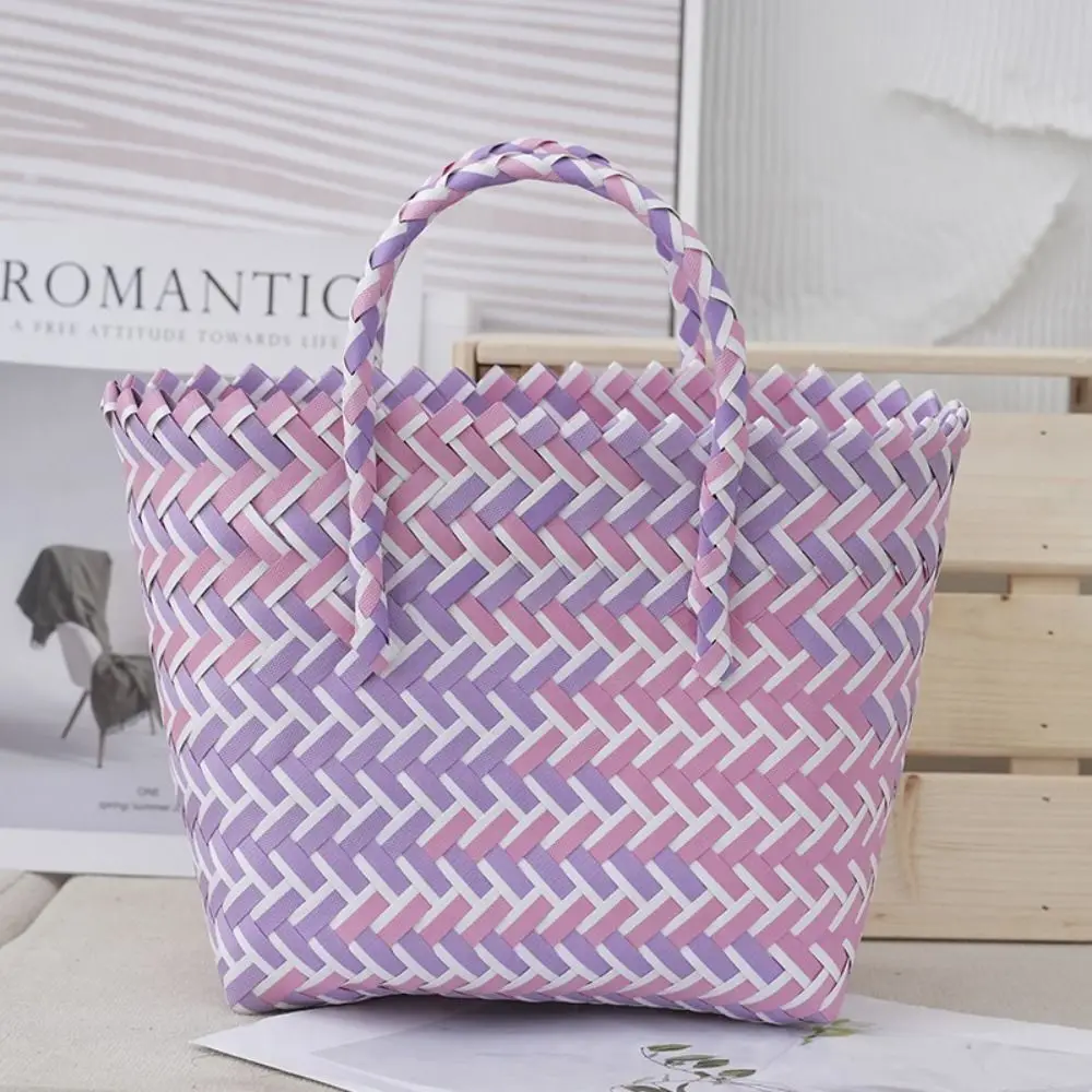 Summer Candy-colored Color Contrast Tote Bag Weaving Baskets Hand-woven Vegetable Basket Bag Shopping Bag Shoulder Bag