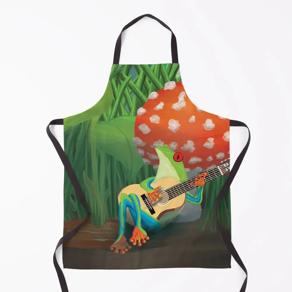 

Singing green frog in a mushroom Apron Men gift Chef Uniform For Men work ladies Cute Kitchen Apron