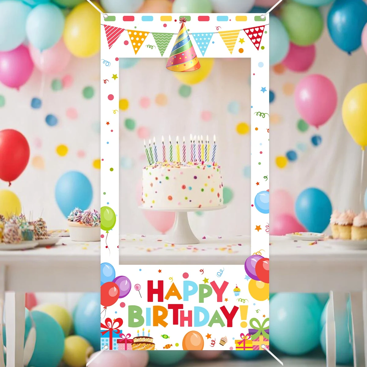 Bunte Happy-Birthday-Fotobox-Requisiten: Rahmen mit Ballonmuster für Erwachsenen-Geburtstagsfeiern, Hintergrund-Dekorationsrahmen – Detail 2