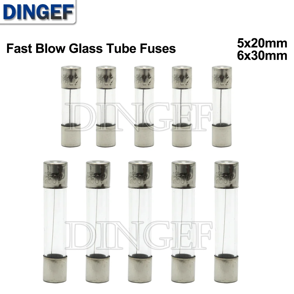 10PC 5*20mm 6*30mm Fast Blow Glass Tube Fuses 5x20mm 6x30mm 250V 0.5A 1A 2A 3A 4A 5A 6A 8A 10A 15A 20A 25A 30A 0.75A AMP Fuse