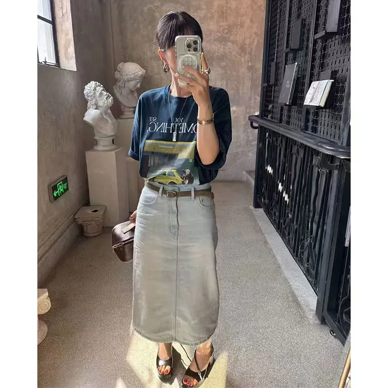 

American Retro Dongdaemun Summer ort Sve T-irt Women's Yellow Suower Letter Print Loose Fit round Ne Top