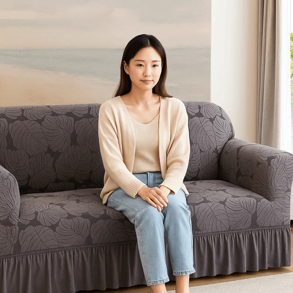 

Soft 2/3 Seat Stretch Couch Cover All-inclusive Elastic Sofa Seat Cushion Cover With Skirt Leaf Print Sofa Protector Hotels