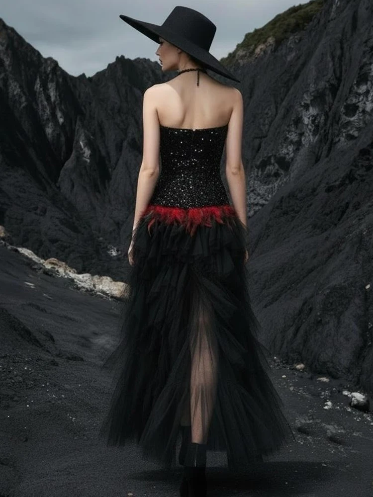 VC Strapless Sequin Patchwork Evening Dress Women Feather Waist Tulle Layered Maxi Gown For Wedding Guest & Banquet Occasions