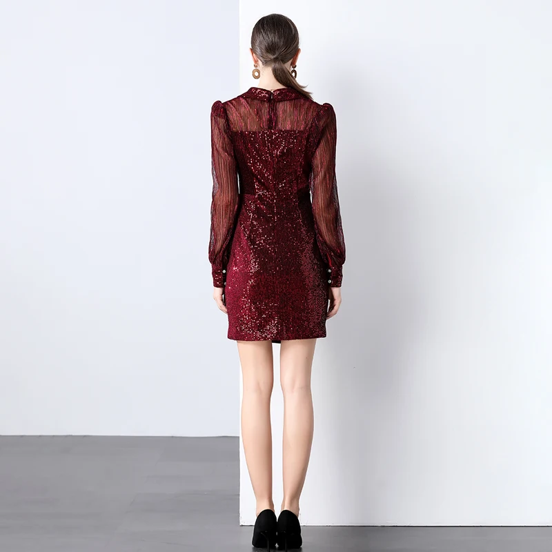 Frühling Vintage Elegantes Kleid Für Frauen Super Schöne Party Damen Bodycon Schlanke Taille V-ausschnitt Laterne Hülse Mini Pailletten Kleid