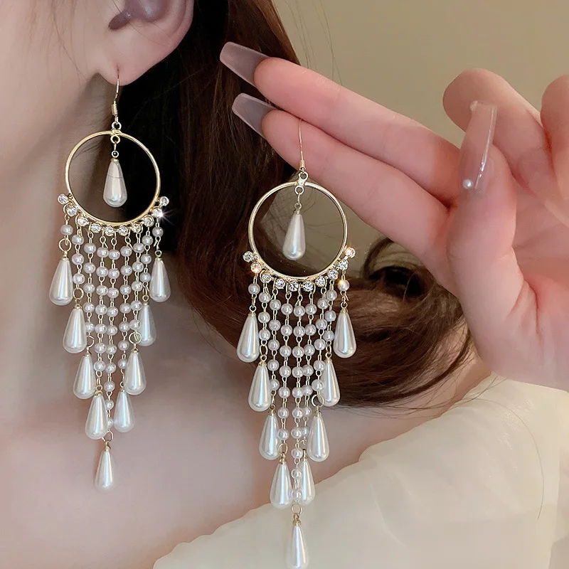 

2023 Women New Wedding Waterdrop Pearl Tassel Long Earrings For Women Statement Jewelry Party Crystal Dangle Pendientes