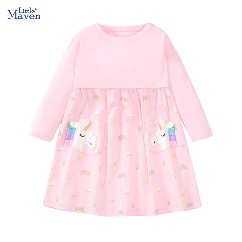 Little maven New Clothing for Girls Dress Kids Pink Autumn Children\'s Clothing Cartoon Long Sleeves Casual Dress Spring