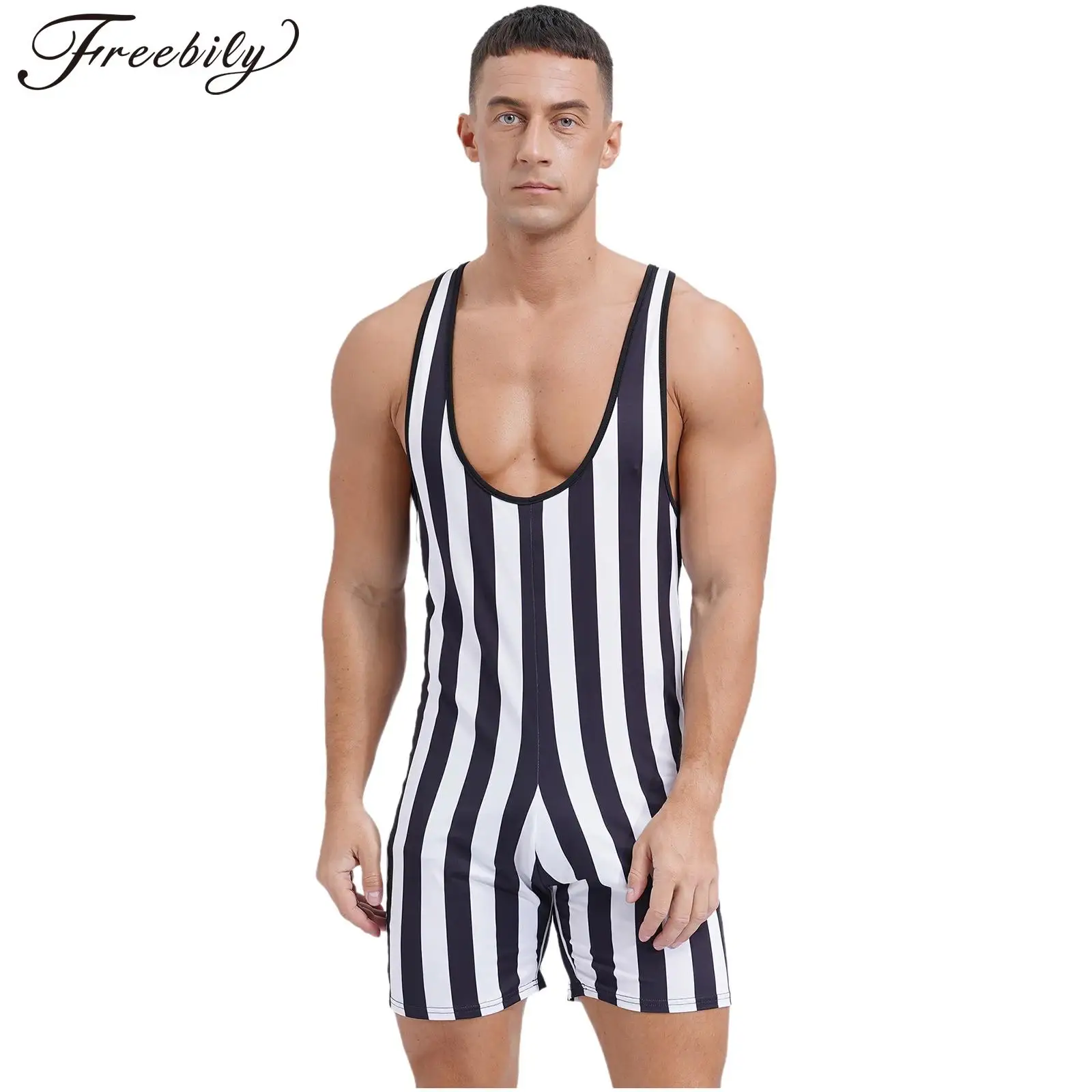 

Sports Fitness Slim Fit Leotard Mens Sexy Sleeveless Straps Jumpsuits Summer Vintage Striped Printed Shorts Romper Overalls Men