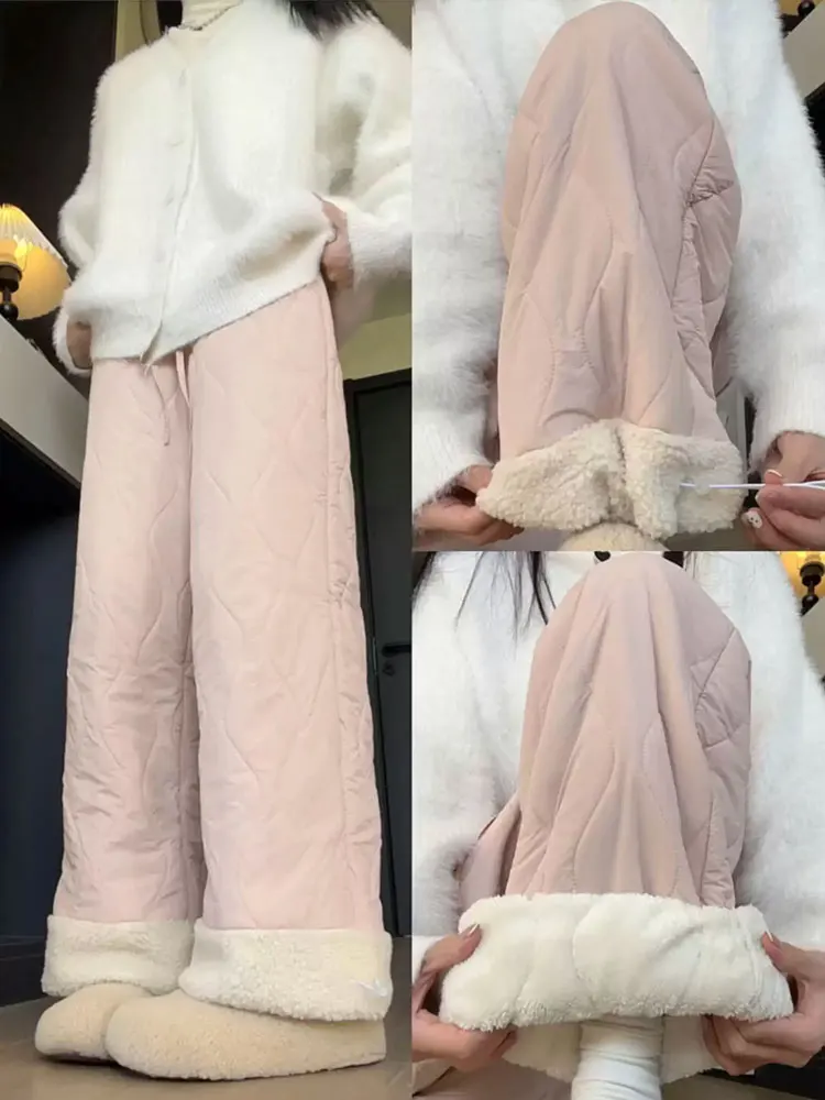 Pink Lamb Velvet Cotton Pants Women's Outdoor Wear Autumn Winter New Casual Pants High Waist Wide Leg Pants Thiened Polyester