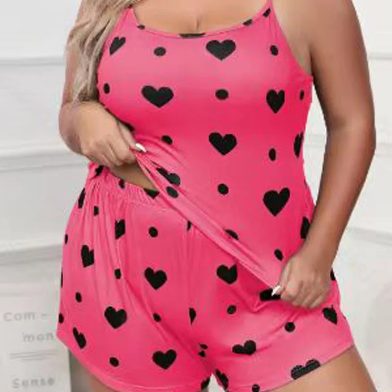 Terno de pijama estampado em forma de coração feminino, conjunto de pijamas finos, confortável solto, sexy, lazer, plus size, verão, novo